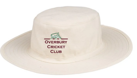 The Hunts County Overbury CC Fielders Sun Hat is a white wide-brimmed sun hat with the Overbury Cricket Club logo and a green cricket design on the front—perfect for fielders during long days on the pitch.