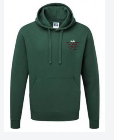 The Overbury CC Leisure Hoody (Junior) by Martin Berrill Sports is a dark green hoodie with a front pocket, drawstring hood, small logo, and "Overbury Cricket Club" embroidered on the chest—perfect for young club members.