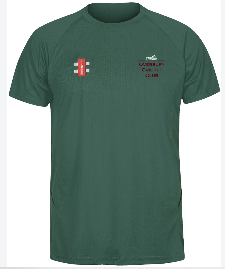 The Gray Nicolls Overbury CC Matrix V2 T Shirt is a dark green, short-sleeved top with "Overbury Cricket Club" and a small logo on the left chest, a red cricket stump on the right chest, and moisture-wicking fabric for active training.
