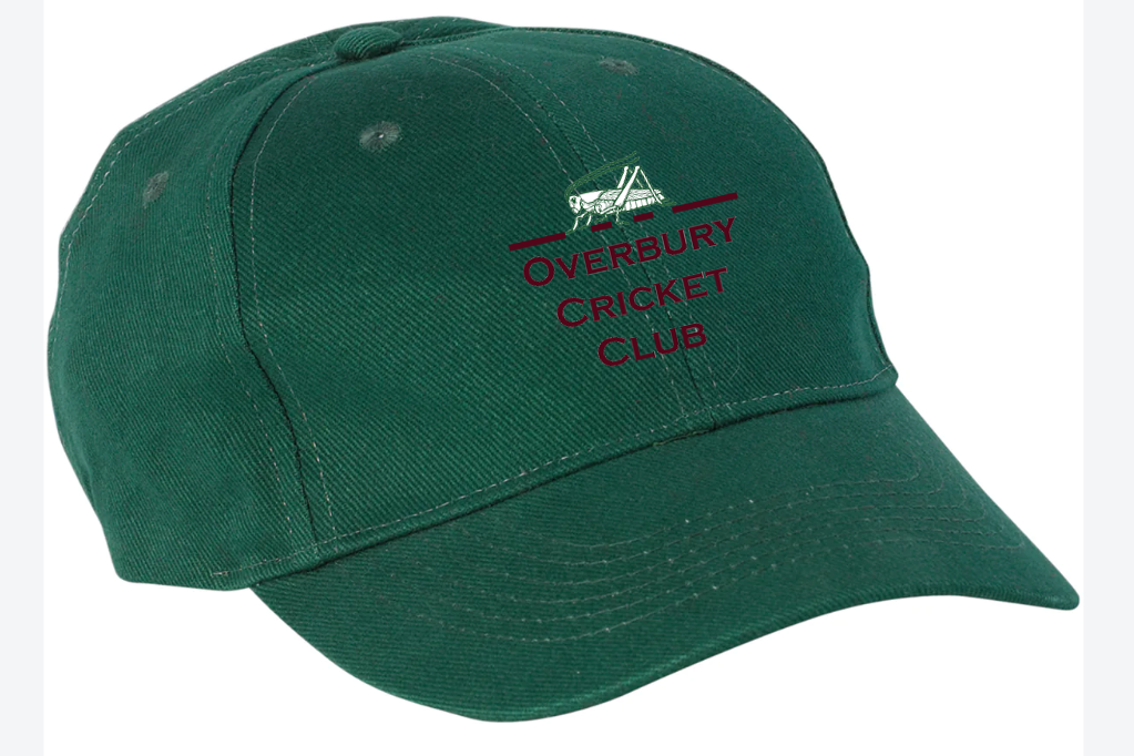 The Gray Nicolls Overbury CC Melton County Cap is a senior-size bottle green cricket cap, embroidered with "OVERBURY CRICKET CLUB" in red and a small bat and stumps graphic above the text.