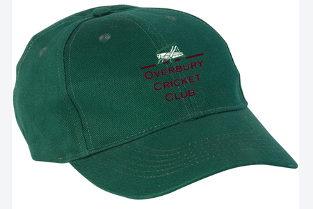 The Gray Nicolls Overbury CC Melton County Cap is a senior-size bottle green cricket cap, embroidered with "OVERBURY CRICKET CLUB" in red and a small bat and stumps graphic above the text.