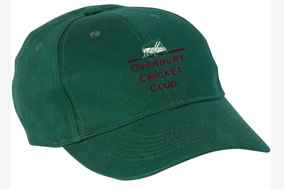 The Gray Nicolls Overbury CC Melton County Cap is a senior-size bottle green cricket cap, embroidered with "OVERBURY CRICKET CLUB" in red and a small bat and stumps graphic above the text.