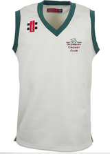 The Gray Nicolls Overbury CC Pro Performance Slipover is a white and green cricket top made from lightweight fleece, offering comfort and ideal performance for active play.