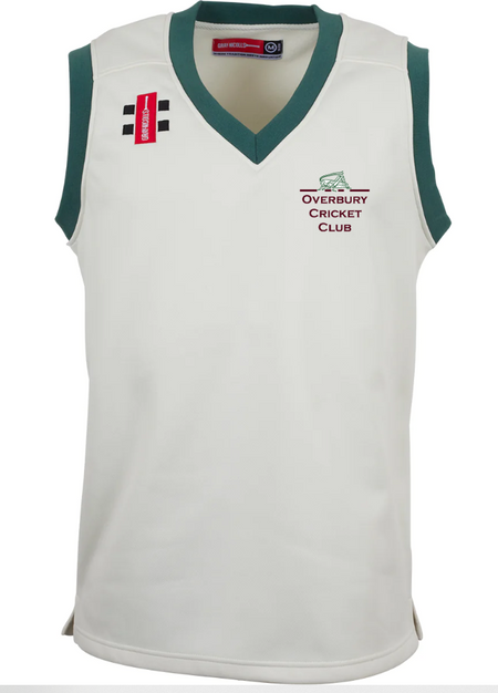 The Gray Nicolls Overbury CC Pro Performance Slipover is a white and green cricket top made from lightweight fleece, offering comfort and ideal performance for active play.