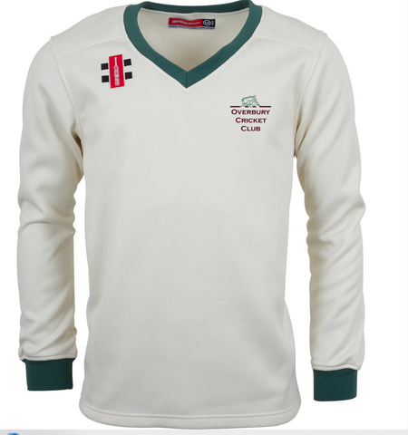 The Gray Nicolls Overbury CC Pro Performance Sweater is a white polyester long-sleeve sweater with green cuffs and collar, featuring the Overbury Cricket Club logo on the left chest and two sponsor logos on the right shoulder.