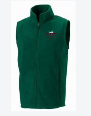 The Martin Berrill Sports Overbury CC Sleeveless Leisure Fleece is a green zip-up vest with side pockets, a stand-up collar, and an embroidered logo and text on the left chest.