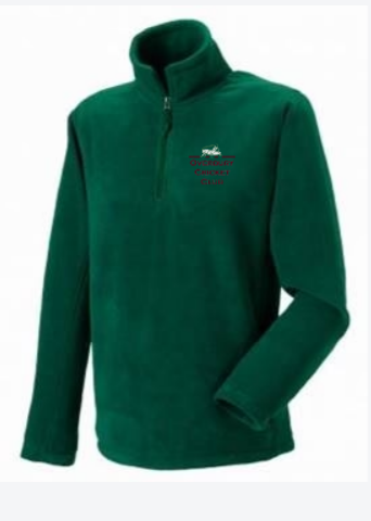 The Overbury CC 1/4 Zip Leisure Fleece by Martin Berrill Sports is a green pullover with a quarter-zip collar, small embroidered logo, and red Overbury Cricket Club text on the left chest.
