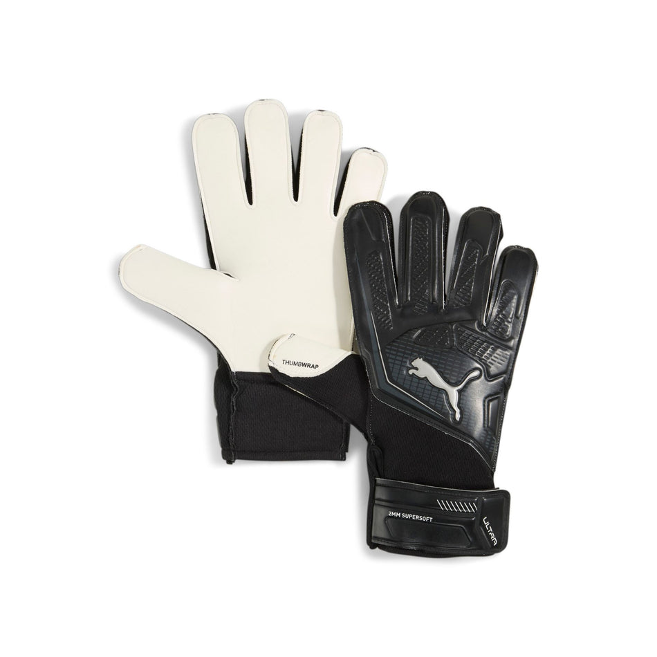 A pair of Puma Ultra Play GK Gloves by Puma in black and white, with one glove showing the palm for grip and the other displaying the backhand, both isolated on a white background.