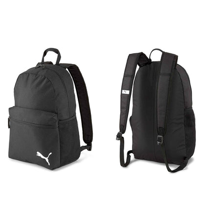 Two views of the Puma Team Goal 23 Backpack Core: the front features a zip pocket and white Puma logo, while the back shows padded adjustable straps, mesh side pockets, and a sleek design built with high-performance materials.