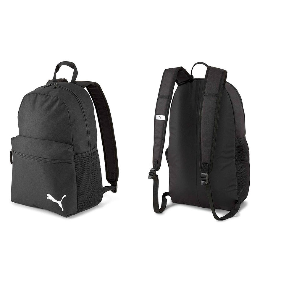 Two views of the Puma Team Goal 23 Backpack Core: the front features a zip pocket and white Puma logo, while the back shows padded adjustable straps, mesh side pockets, and a sleek design built with high-performance materials.