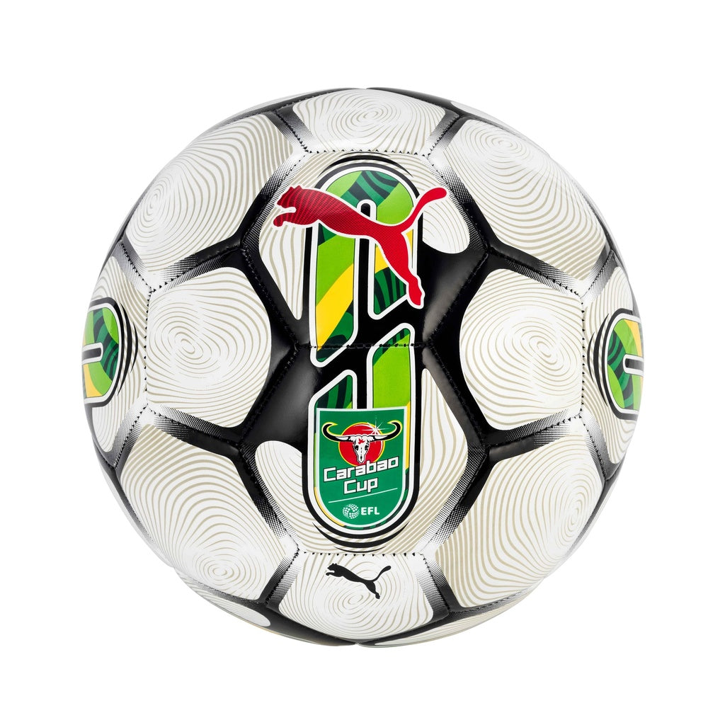 The Puma Orbita 6 Carabao Football is a white Size 5 ball with black and green patterns, the red Puma logo, and a green-red-white Carabao Cup badge—ideal for tournament fans.