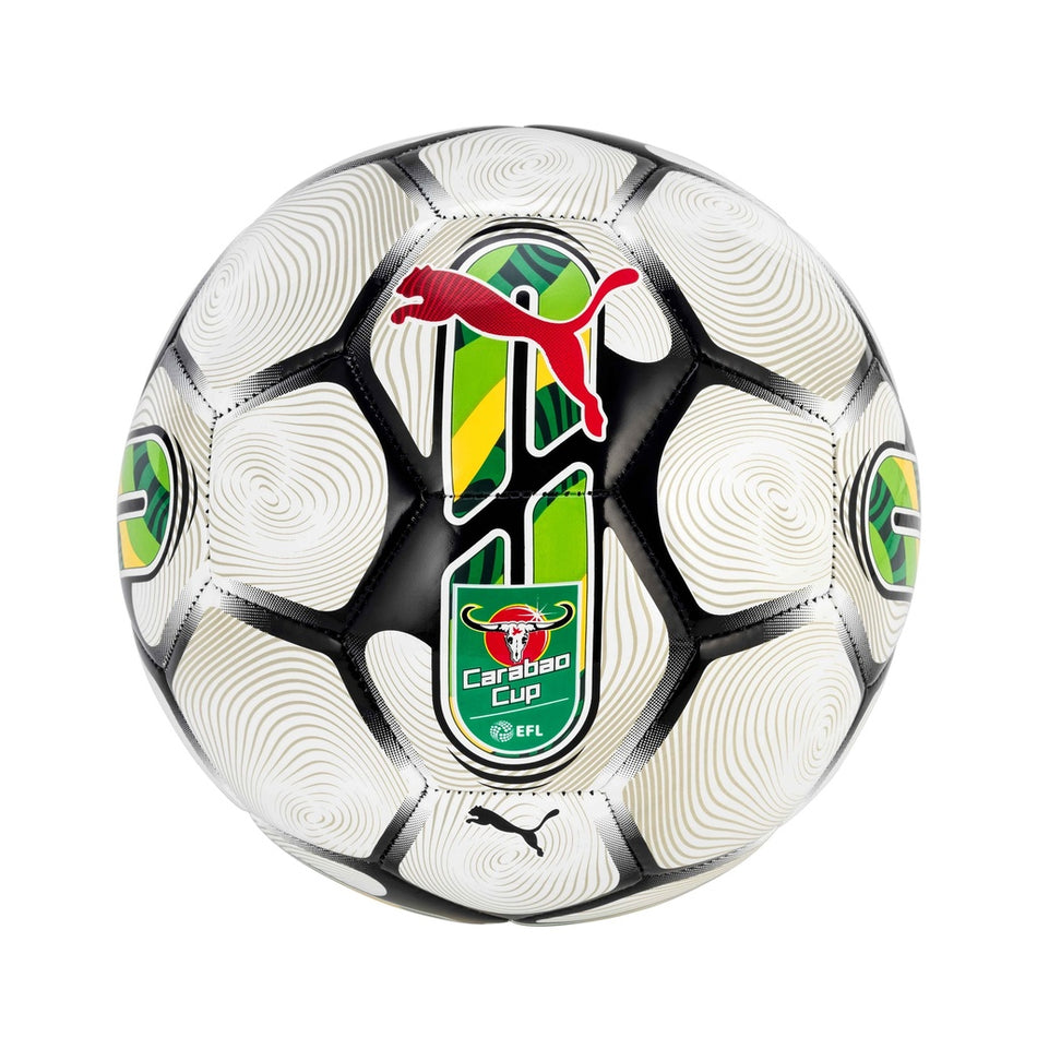 The Puma Orbita 6 Carabao Football is a white Size 5 ball with black and green patterns, the red Puma logo, and a green-red-white Carabao Cup badge—ideal for tournament fans.