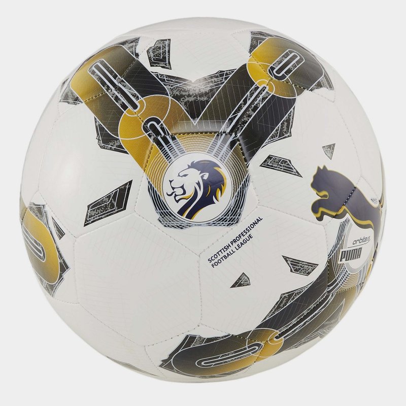 The Puma Orbita 6 SPFL Football, size 5, features a bold white design with black and gold accents, a lion emblem, and Scottish Professional Football League text—official ball of the SPFL by Puma.