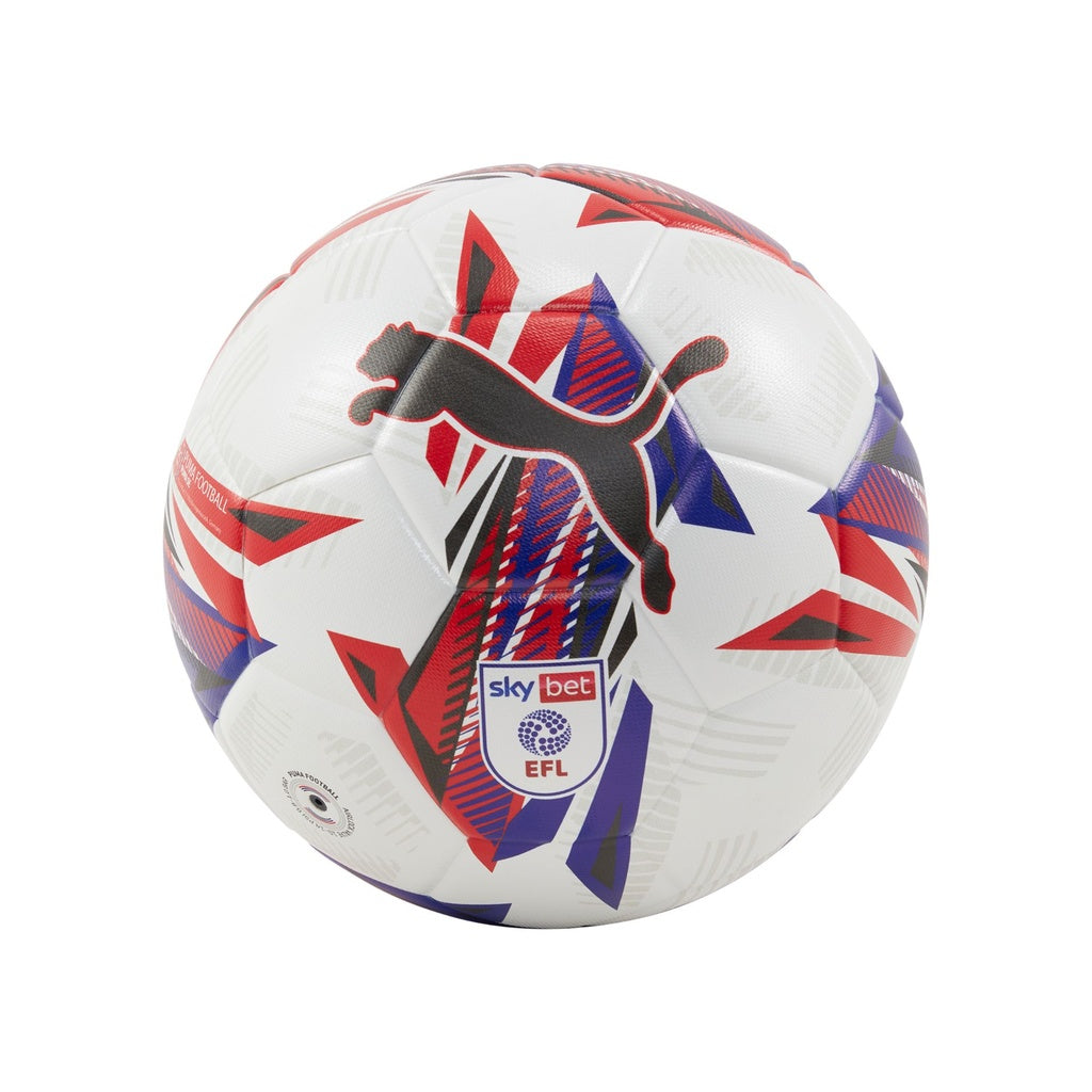 The Puma Orbita 3 Sky Bet EFL Football 24/25, size 5, features a white base with red and blue geometric patterns, large black Puma and Sky Bet EFL logos, offering standout style, excellent shape retention, and a soft touch.