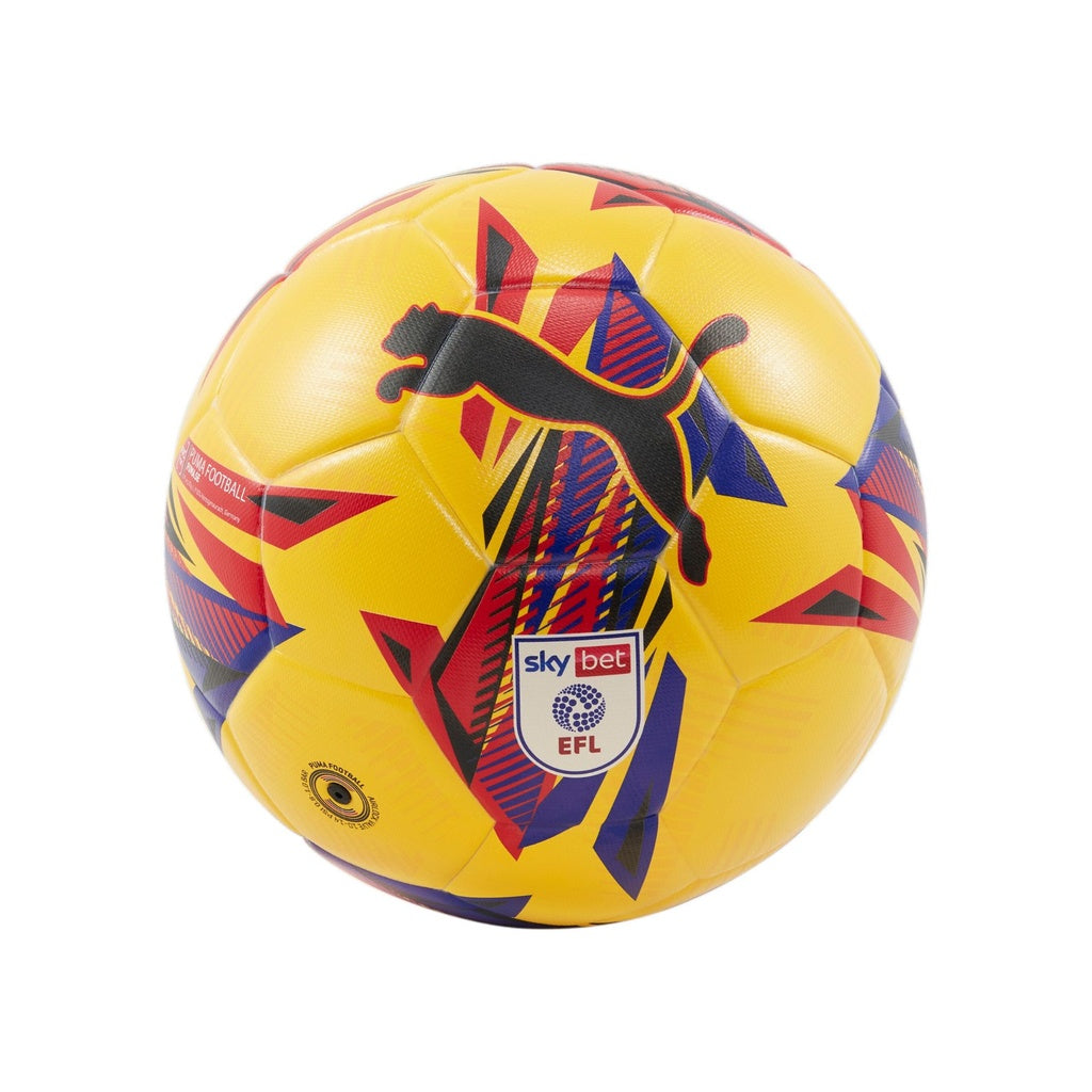 The Puma Orbita 3 Sky Bet EFL Football 24/25 features a yellow/multi design with geometric patterns, a large black Puma logo, and the Sky Bet EFL badge. Built for shape retention and a soft touch.