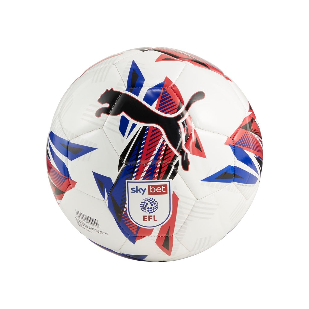 The Puma Orbita 6 EFL Sky Bet Training Football 24/25 features a white base with red and blue geometric patterns, black Puma logo, and Sky Bet EFL badge. Its 32-panel design ensures a soft touch and excellent control on the pitch.