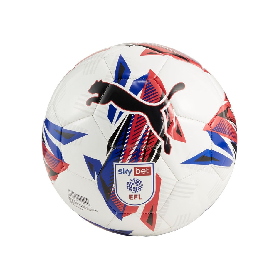 The Puma Orbita 6 EFL Sky Bet Training Football 24/25 features a white base with red and blue geometric patterns, black Puma logo, and Sky Bet EFL badge. Its 32-panel design ensures a soft touch and excellent control on the pitch.