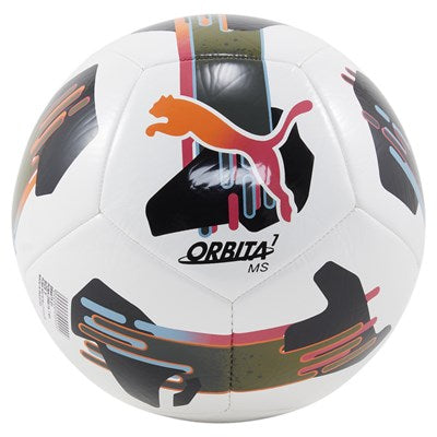The Puma Orbita 7 MS Football features a white/multi design with bold abstract patterns and an orange-pink Puma logo. Ideal for training or fun, ‘Orbita 7 MS’ is printed in black below the logo.