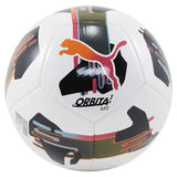 The Puma Orbita 7 MS Football features a white/multi design with bold abstract patterns and an orange-pink Puma logo. Ideal for training or fun, ‘Orbita 7 MS’ is printed in black below the logo.