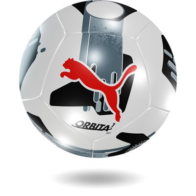 The Puma Orbita 7 MS Football by Puma, in black and white, features bold branding and dynamic patterns—perfect for training or casual play. Shown on a white background with a clear shadow below.
