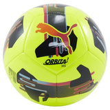 The Puma Orbita 7 MS Football by Puma comes in a Lemon/Multi color with abstract patterns and colorful accents, designed for recreational use, and features the Puma logo and brand name.