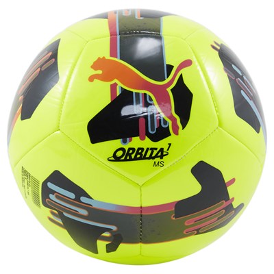 The Puma Orbita 7 MS Football by Puma comes in a Lemon/Multi color with abstract patterns and colorful accents, designed for recreational use, and features the Puma logo and brand name.