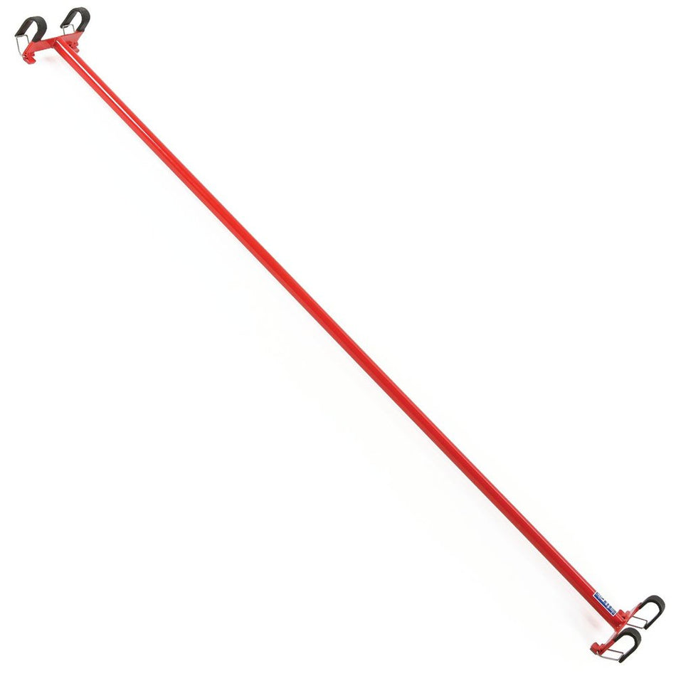 The Niels Larsen Single Linking Pole is a long red metal bar with black hooks on each end for securing items, shown against a white background.