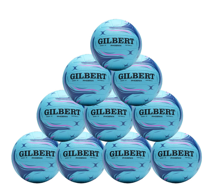 A pyramid stack of ten blue Gilbert Phoenix Netballs by Gilbert, each featuring Duragrip technology for better control and displaying wavy abstract patterns with the “GILBERT” logo in black.