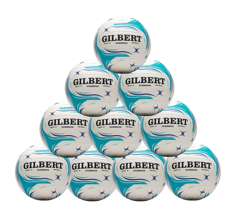 A pyramid of ten Gilbert Phoenix Netball Ten Pack balls, in white/teal, stacked up; each displays the Gilbert brand and features Duragrip tech for superior grip.