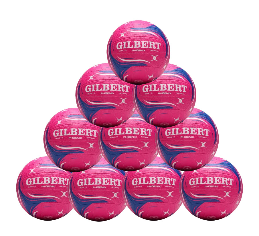 A pyramid of ten pink Gilbert Phoenix Netballs from the Gilbert Phoenix Netball Ten Pack is stacked neatly, each ball displaying the brand name and logo.