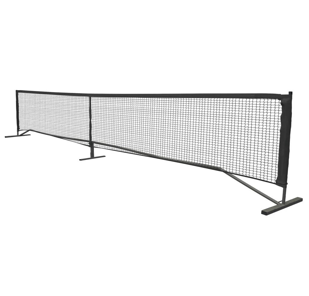 The Wilks Pickleball Net & Post Set by Wilks features a black net, metal frame, and T-shaped legs—ideal for tennis or pickleball—displayed on a white background.