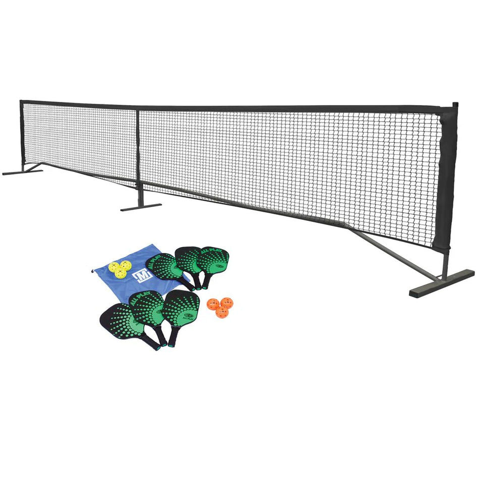 The Wilks Pickleball Starter Pack by Wilks features a portable black net, four green and black paddles, three orange balls, and a blue storage bag—all shown on a white background.