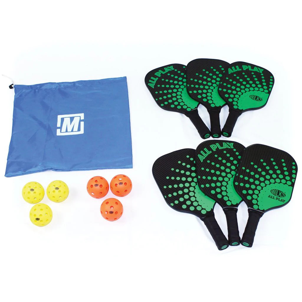 The Wilks Pickleball Starter Pack by Wilks includes six black and green paddles, six perforated balls (four yellow, two orange), plus a blue drawstring bag with a white logo—perfect group equipment, all set on a white surface.