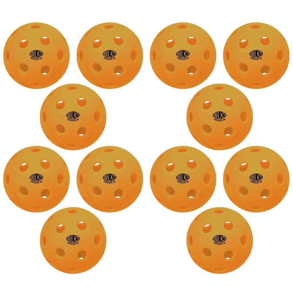 Set of twelve Wilks Indoor Pickleball balls, each orange with 26 holes and "WILKS" branding. Arranged in four rows of three, these lightweight balls are ideal for fast-paced indoor games.