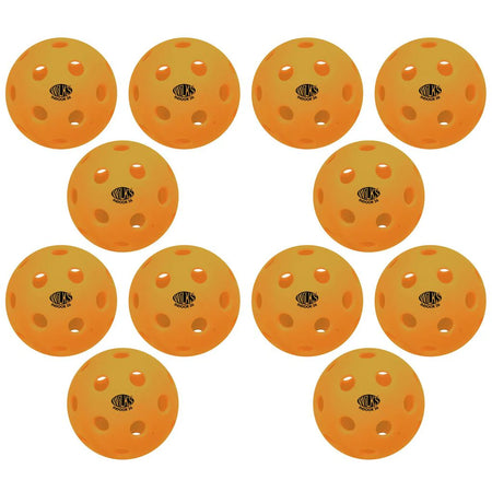 Set of twelve Wilks Indoor Pickleball balls, each orange with 26 holes and "WILKS" branding. Arranged in four rows of three, these lightweight balls are ideal for fast-paced indoor games.