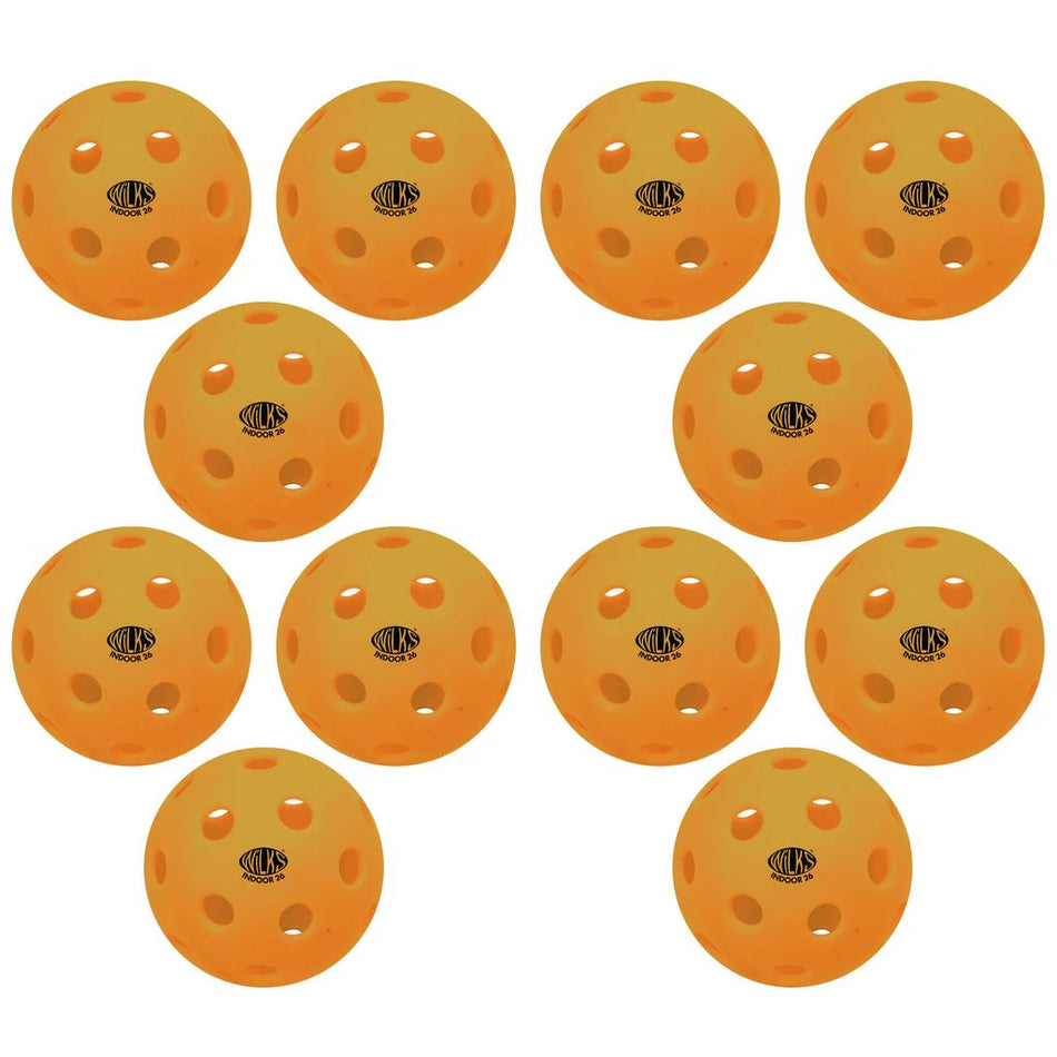 Set of twelve Wilks Indoor Pickleball balls, each orange with 26 holes and "WILKS" branding. Arranged in four rows of three, these lightweight balls are ideal for fast-paced indoor games.