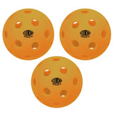 Three orange Wilks Wilkes Indoor Pickleball 26 holes balls, each featuring the black INDOOR 26 logo and multiple holes, are arranged in a triangular formation on a white background.