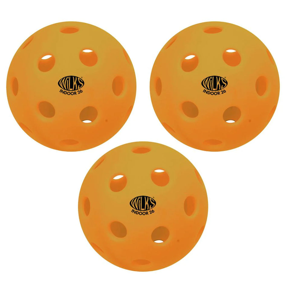 Three orange Wilks Wilkes Indoor Pickleball 26 holes balls, each featuring the black INDOOR 26 logo and multiple holes, are arranged in a triangular formation on a white background.