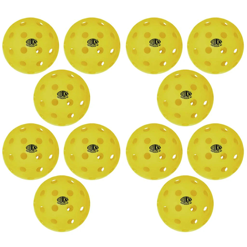 Twelve Wilks Wilkes Outdoor Pickleball 40 holes, featuring high-visibility and durable construction, each with a black Wilks logo. The pickleballs are shown in a grid pattern on a white background.