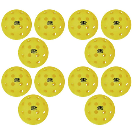 Twelve Wilks Wilkes Outdoor Pickleball 40 holes, featuring high-visibility and durable construction, each with a black Wilks logo. The pickleballs are shown in a grid pattern on a white background.