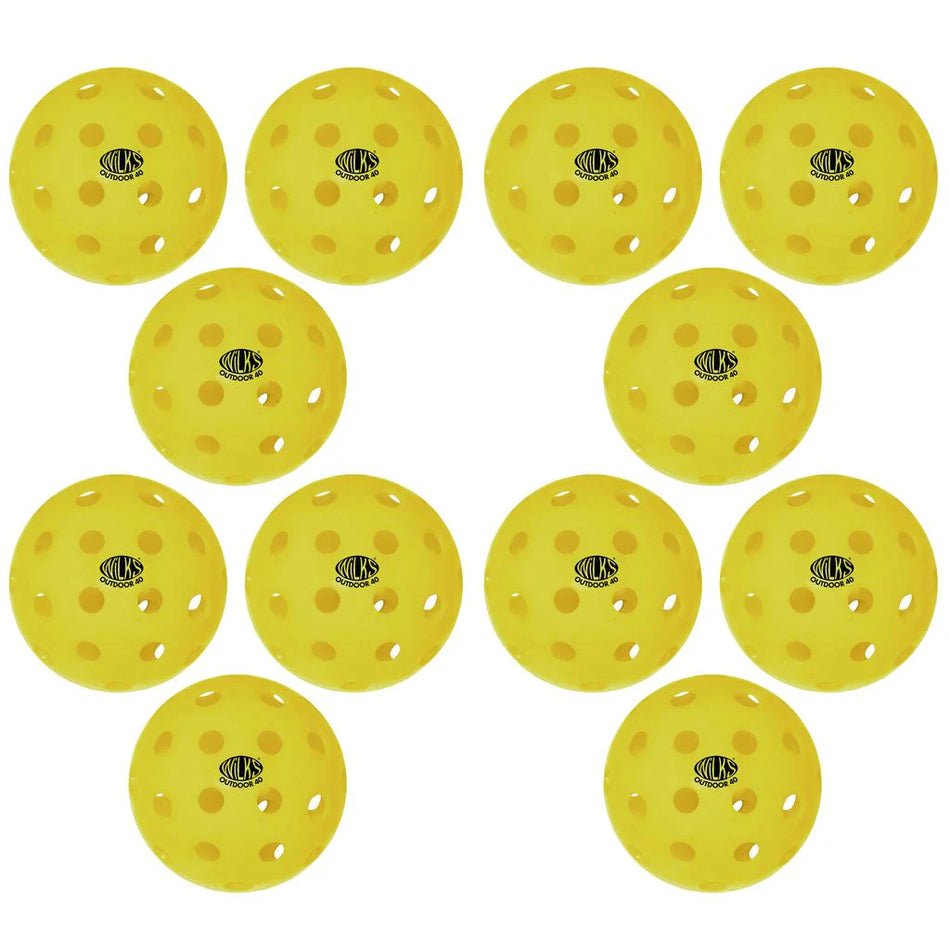 Twelve Wilks Wilkes Outdoor Pickleball 40 holes, featuring high-visibility and durable construction, each with a black Wilks logo. The pickleballs are shown in a grid pattern on a white background.