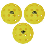 Three Wilks Outdoor Pickleball 40 holes balls, yellow for high visibility with black branding, are arranged in a triangular pattern on a white background.
