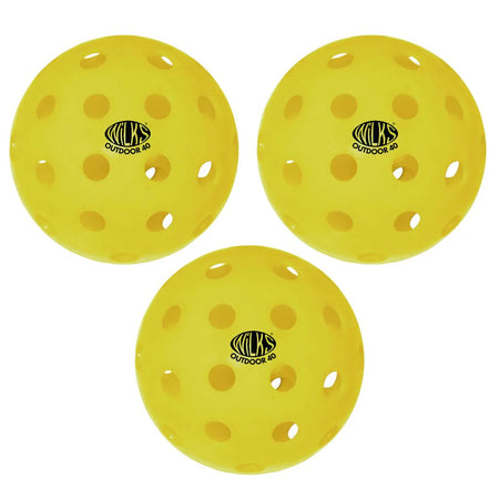 Three Wilks Outdoor Pickleball 40 holes balls, yellow for high visibility with black branding, are arranged in a triangular pattern on a white background.