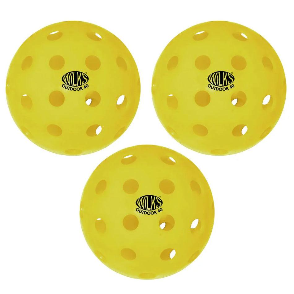 Three Wilks Outdoor Pickleball 40 holes balls, yellow for high visibility with black branding, are arranged in a triangular pattern on a white background.