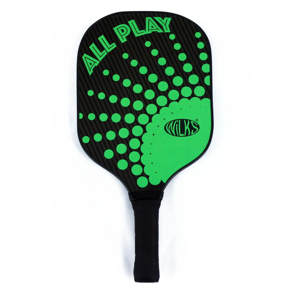 The Wilks All Play Pickleball Paddle is a durable black paddle with a green polka dot design, ideal for beginners. "ALL PLAY" appears at the top and "WILKS" is inside an oval on the lower part of the paddle face.
