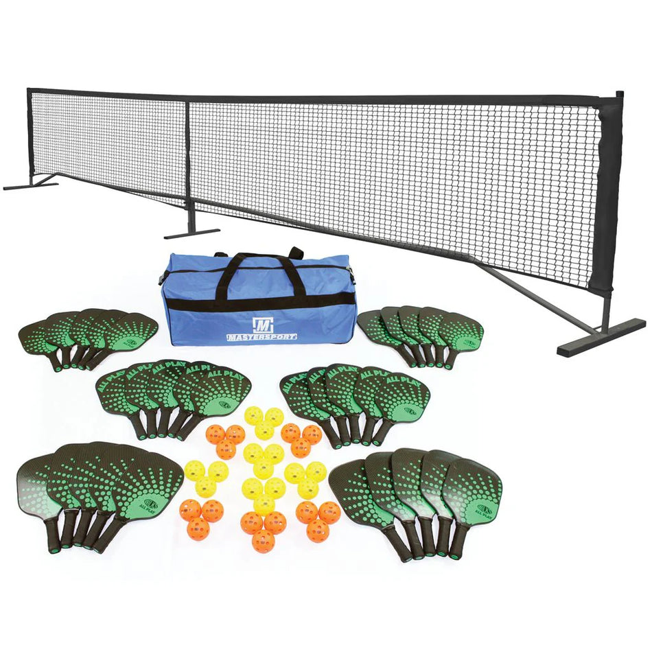 The Wilks Pickleball Class Pack by Wilks includes a portable net system, a blue duffel bag, twelve green paddles with black handles, and twelve yellow pickleballs arranged in front of the net.