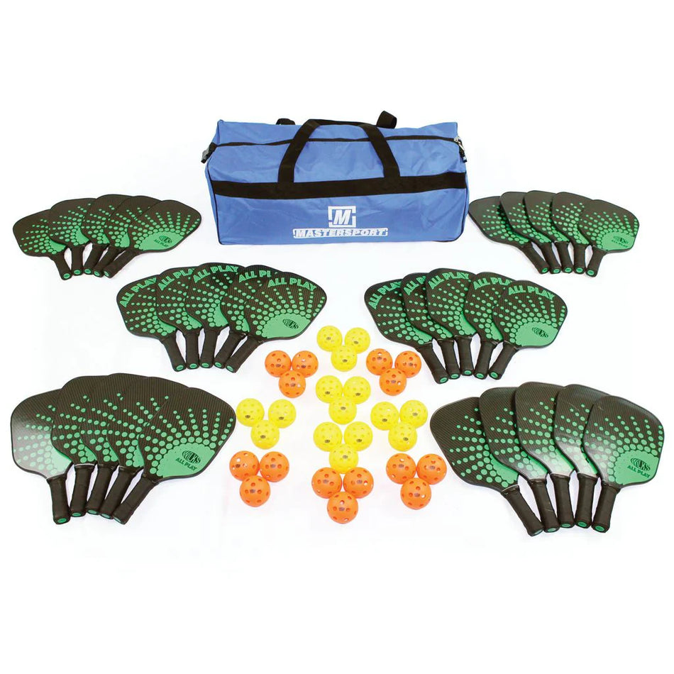 A Wilks Pickleball Class Pack—a blue duffel bag with 24 durable Wilks paddles and 24 plastic balls (12 orange, 12 yellow)—is arranged evenly on a white background.