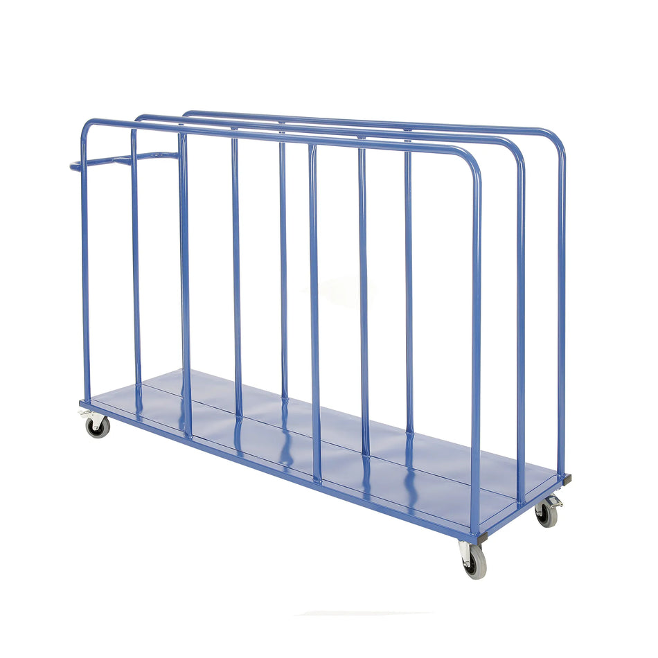 The Niels Larsen Vertical Mat Trolley is a blue powder coated steel trolley with vertical bars and four heavy-duty castors, designed by Niels Larsen for holding and moving large flat items like mats or boards.