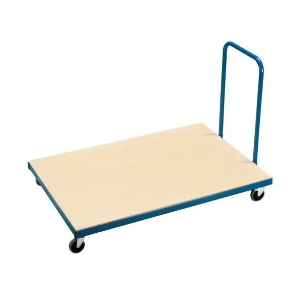 The Niels Larsen Junior Horizontal Mat/Agility Table Trolley features a blue powder-coated steel frame, beige platform, four heavy-duty castors, and a single vertical handlebar on one end.