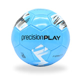 The Precision Training PrecisionPLAY Force Football in fluo blue, white, and black features "precision PLAY" and "FORCE" text on its panels. Durable and ideal for garden matches, it's shown against a plain white background.